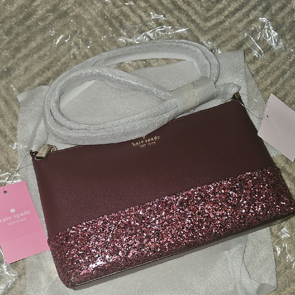 kate spade Maroon Crossbody with Pink Glitter Trim
